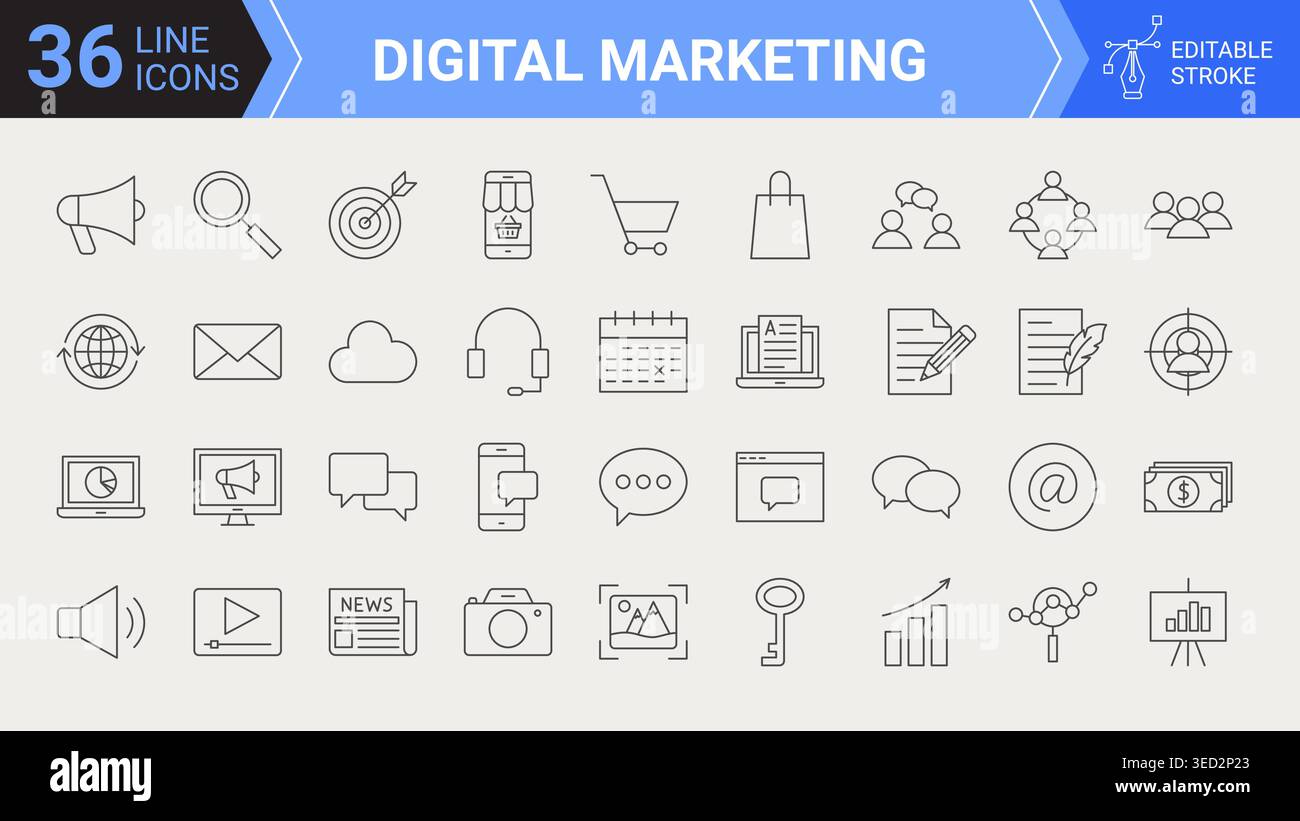 Digital Marketing Line Editable Icons Stock Vector