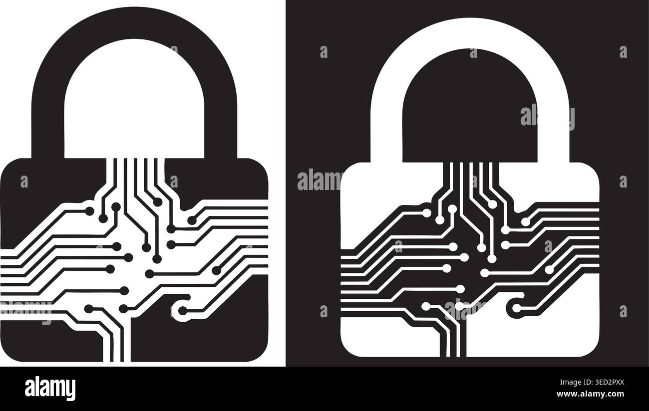Cyber Security Lock Icon Set, Data Protection Padlock with Circuit Technology Design Stock Vector