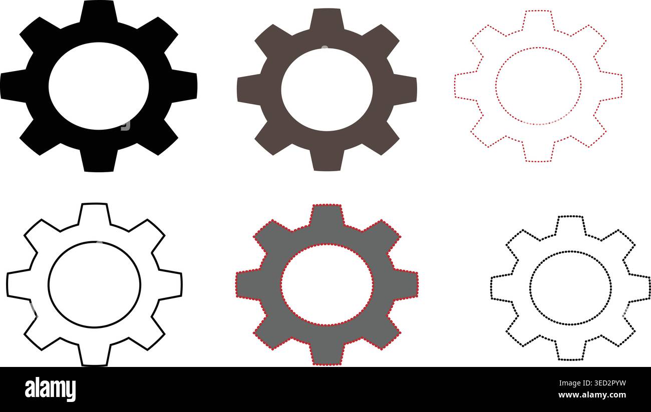 Settings Gear Icon Collection, Configuration Cogwheel Symbols for Apps and Systems Stock Vector