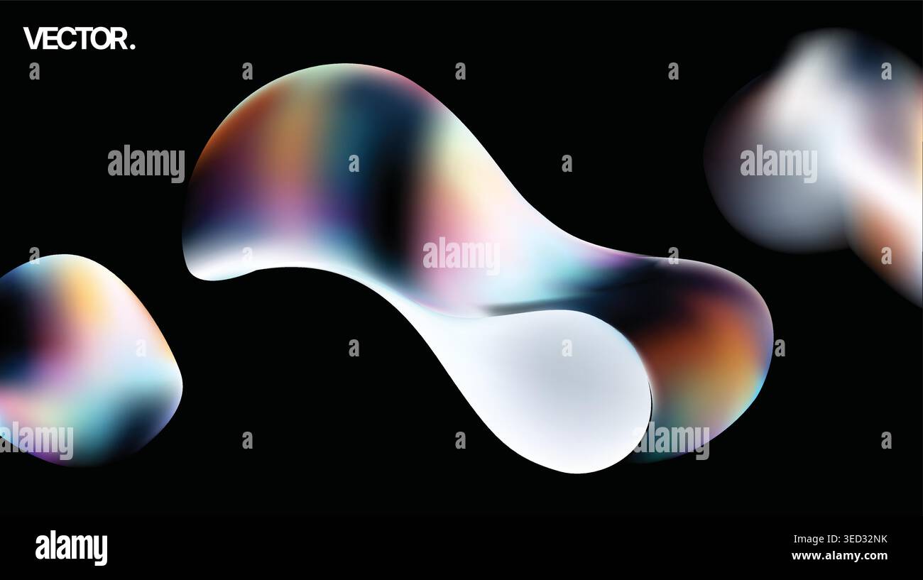 Iridescent Fluid Abstract Vector Colorful Neon Liquid Shapes on Black Background Stock Vector