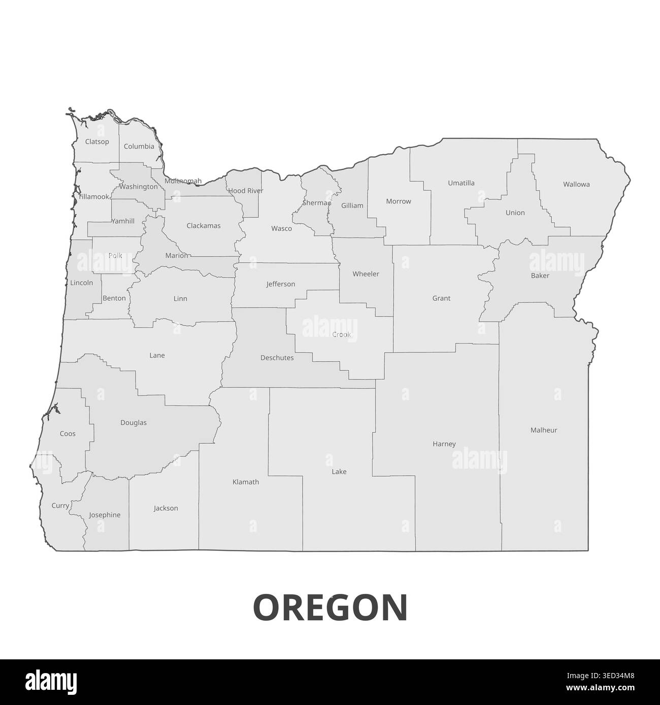 State Below Oregon Detailed political map of the State of Oregon, USA, showcasing all 36 ...