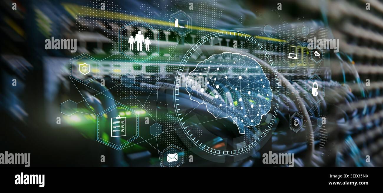 AI Driven Cyber Defense and Enterprise Data Network Management. Stock Photo