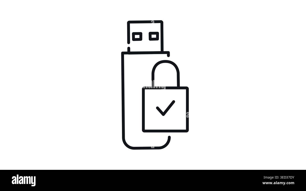 Secure USB flash drive icon: encrypted memory stick with padlock and check mark Stock Vector