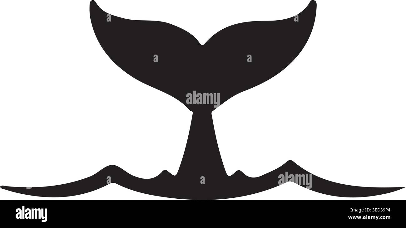 Whale Tail Silhouette Diving in Ocean Waves Vector Illustration Stock Vector