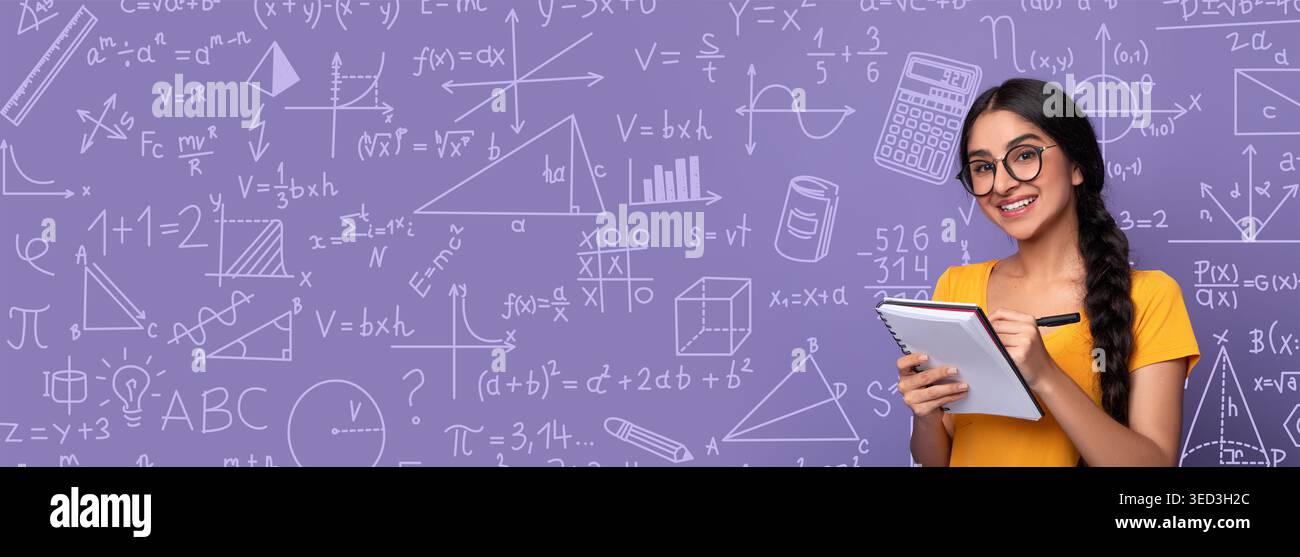 Student Makes Notes in a Classroom Set Against a Purple Math and Science Collage Background Stock Photo