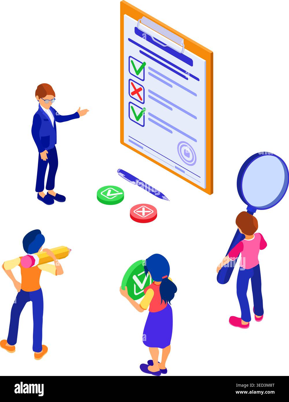 Survey or test banner with isometric characters. feedback online chat. questionnaire form on clipboard. survey research. isometric vector illustration Stock Vector