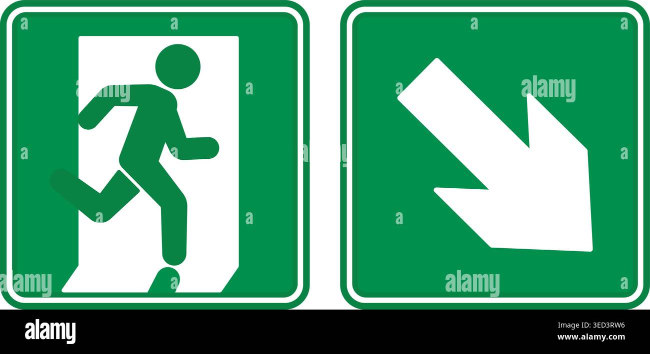 Green Sign Emergency Exit Pointing Down. Vector icon. Warning sign. Man ...