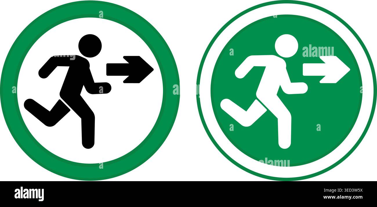 Green Signs Exit. Vector Icons. Warning Sign. Man Running Behind Exit ...