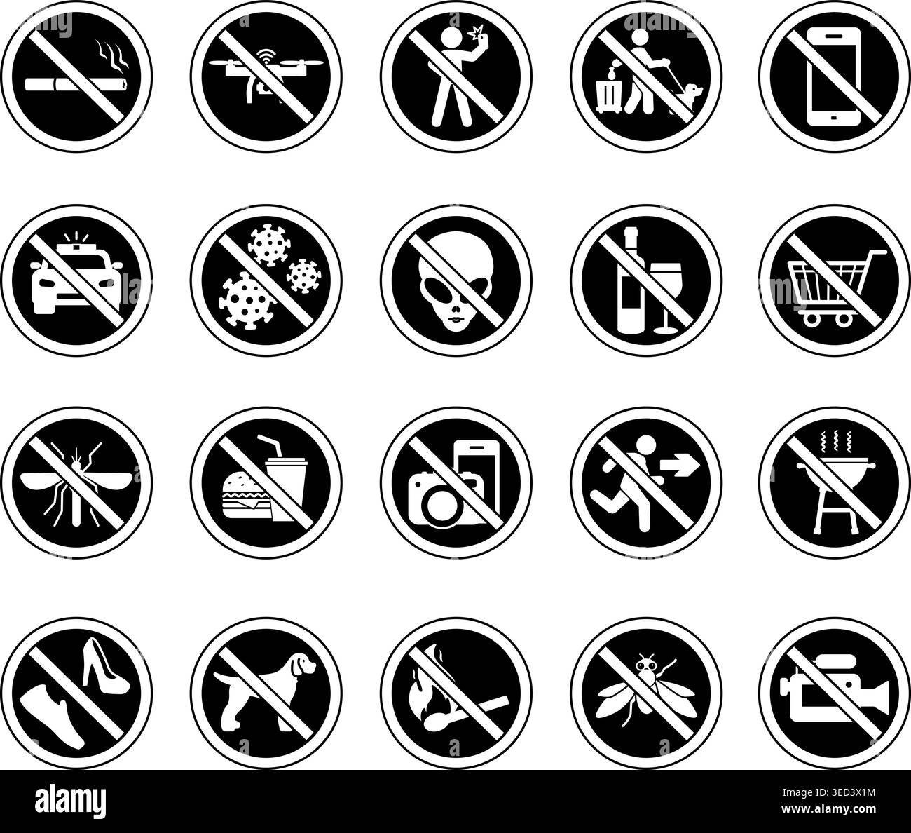 Black Prohibitory Public Signs. Vector Icons. Sticker Set. No Selfies ...
