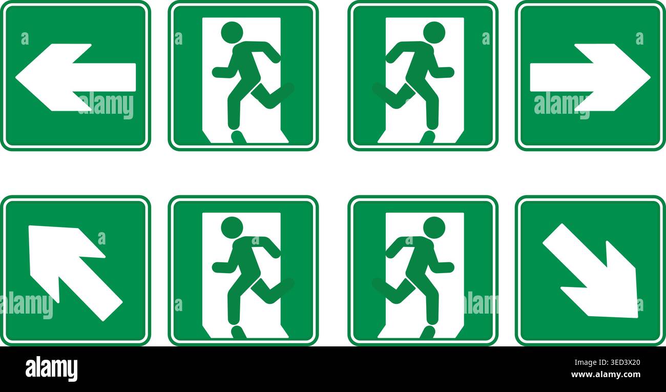 Green Emergency Exit Signs. Vector Icons. Man Running to Door Left ...