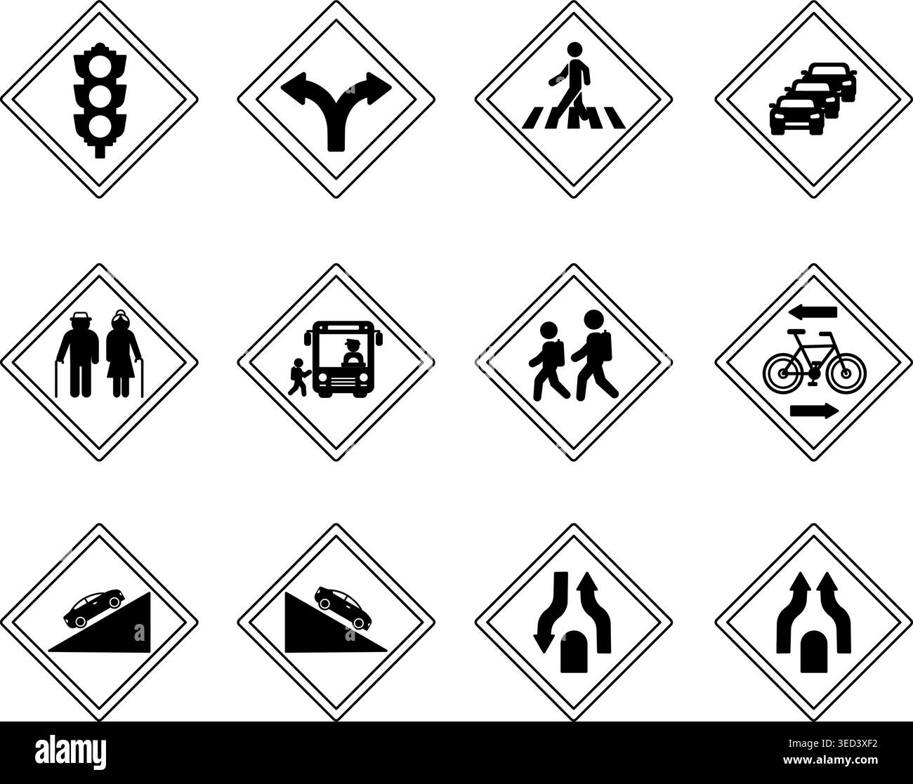 Rhombus Shaped Road Signs. Vector Icons. Traffic Light, Fork, Crosswalk ...