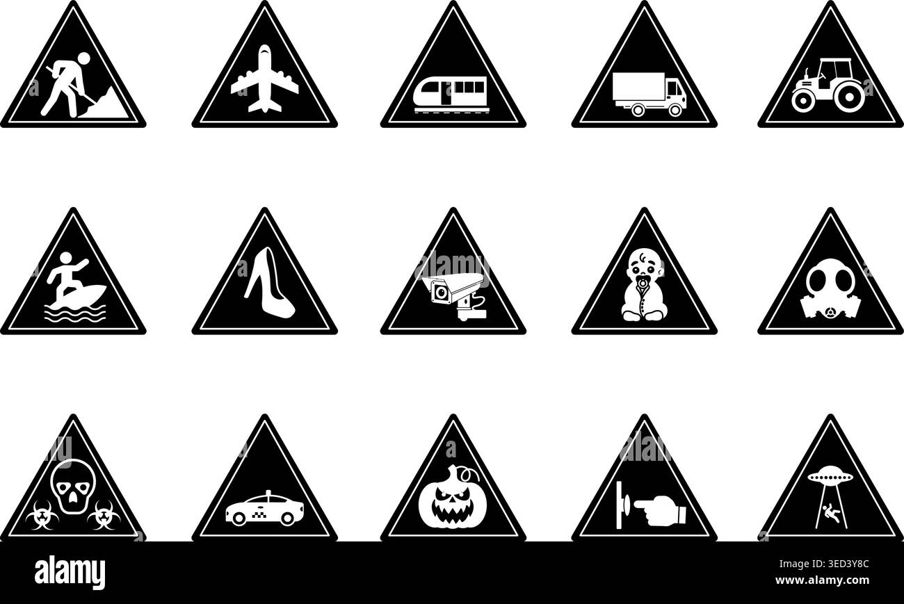 Black Triangular Road Signs. Vector Icons. Warning Signs. Road Works ...