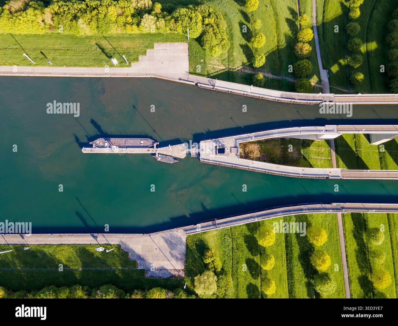 Aerial view of boat lift lower approach canal with mooring bollards and ...