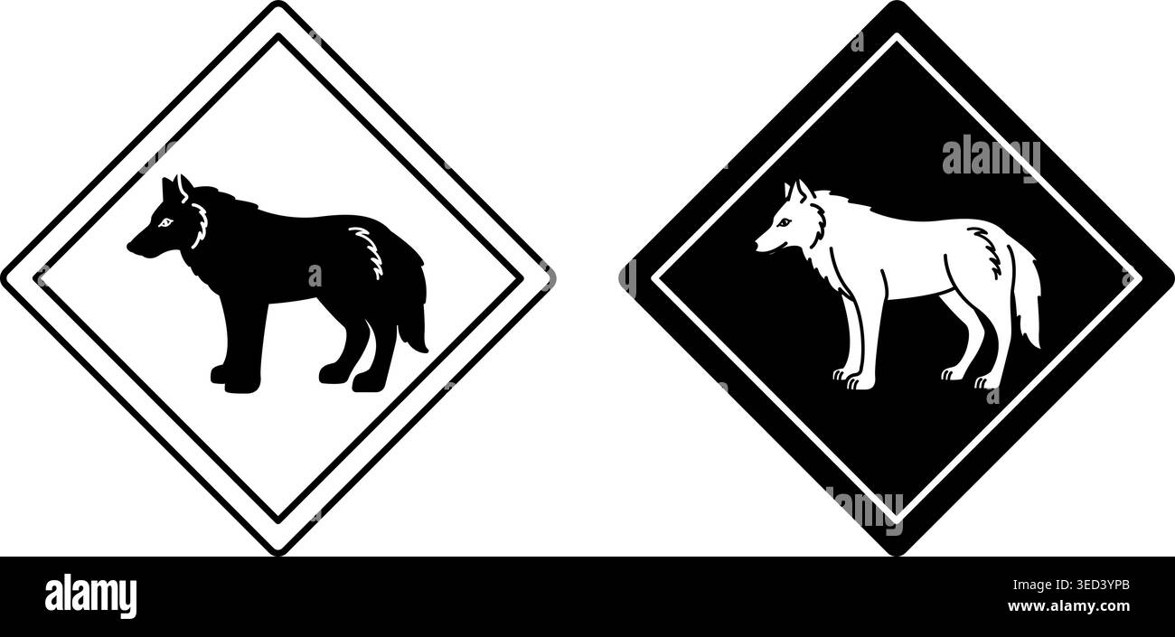 Wolf Road Signs. Black and White Vector Icons. Road Sign Warning about ...