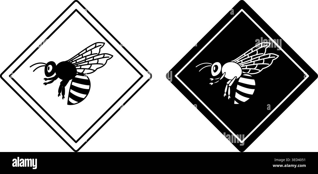 Bee Road Signs. Black and White Vector Icons. Flying Insect. Road Sign ...