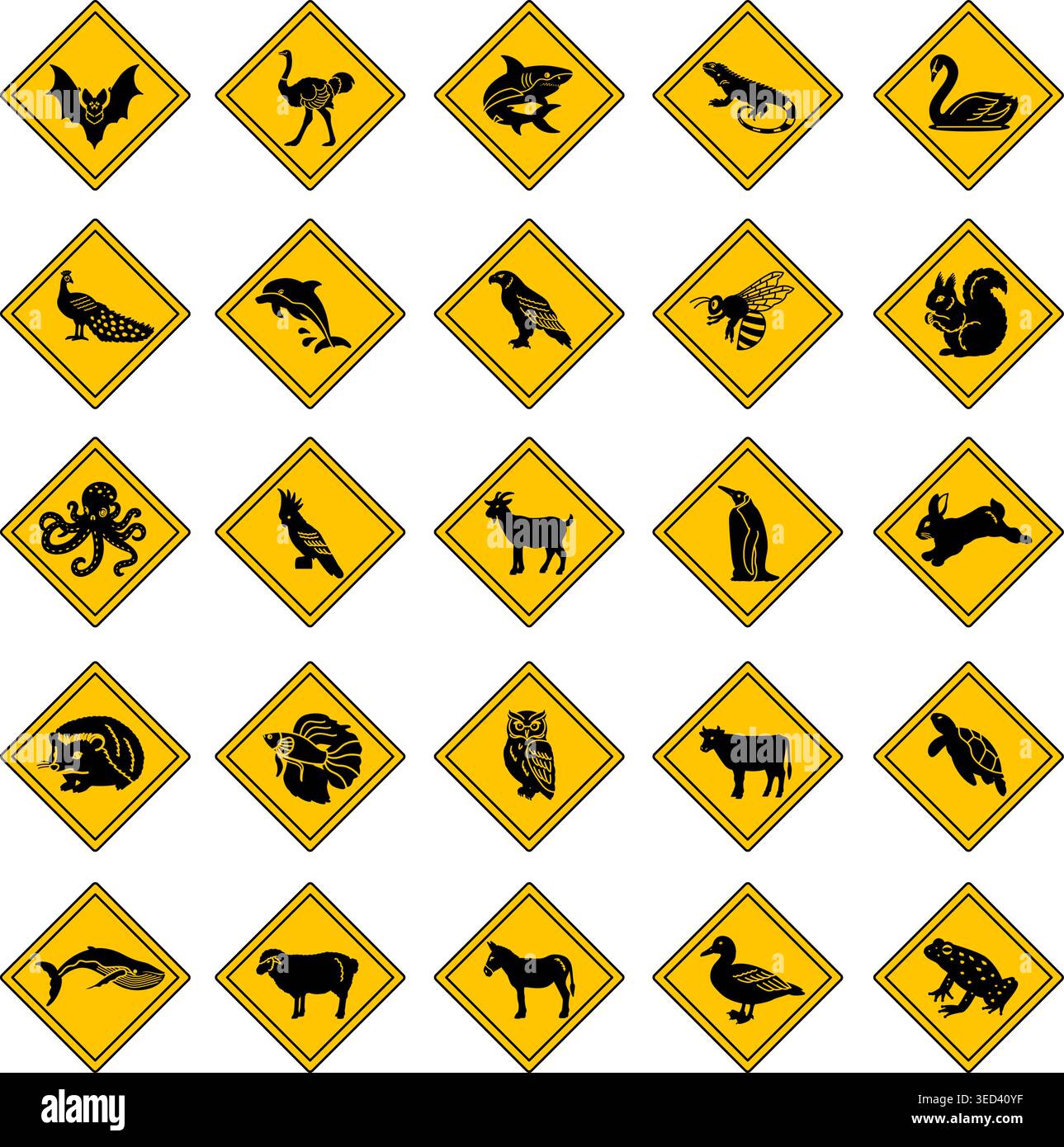 Yellow Road Signs Animal Crossing. Vector Icons Bat, Ostrich, Shark, Iguana, Swan, Peacock, Dolphin, Eagle, Bee, Squirrel, Octopus, Parrot, and More Stock Vector