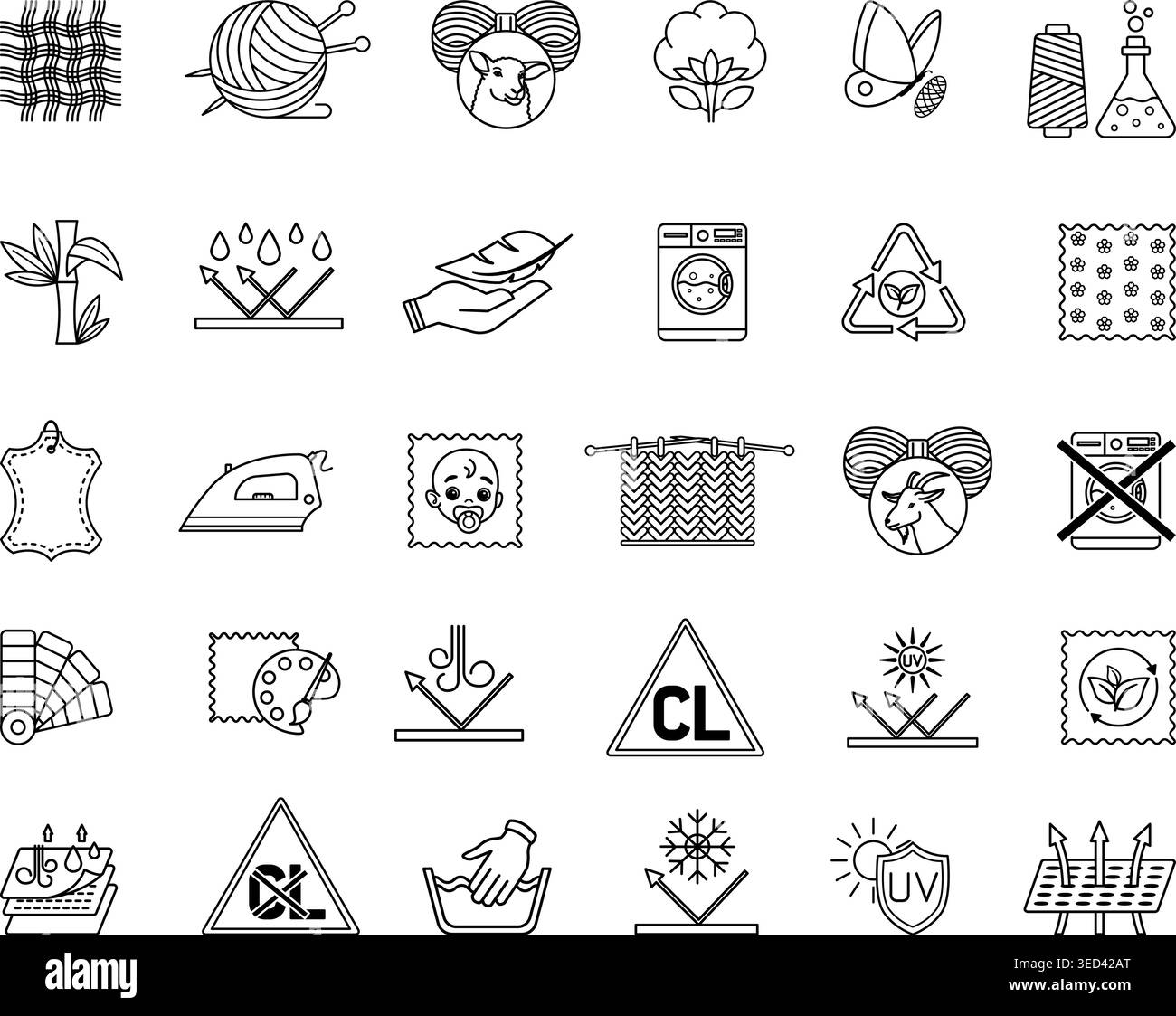 Icons Material Characteristics. Vector Illustrations Textile, Leather, Yarn, Cotton, Silk, Wool, Cashmere, Synthetic Knitted, Bamboo, Waterproof, Brea Stock Vector