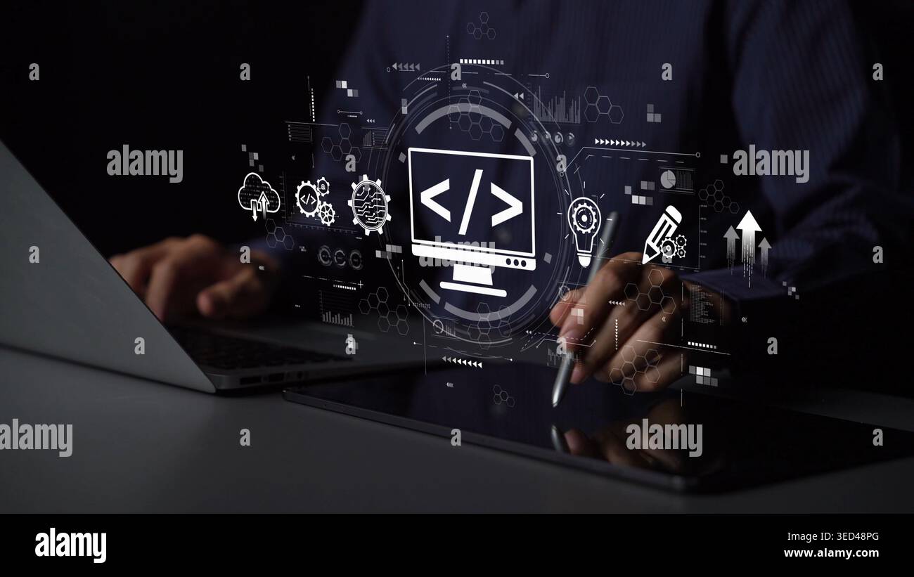 Modern web development concept featuring coding symbols, web development process, web development interface, and web development tools with futuristic Stock Photo