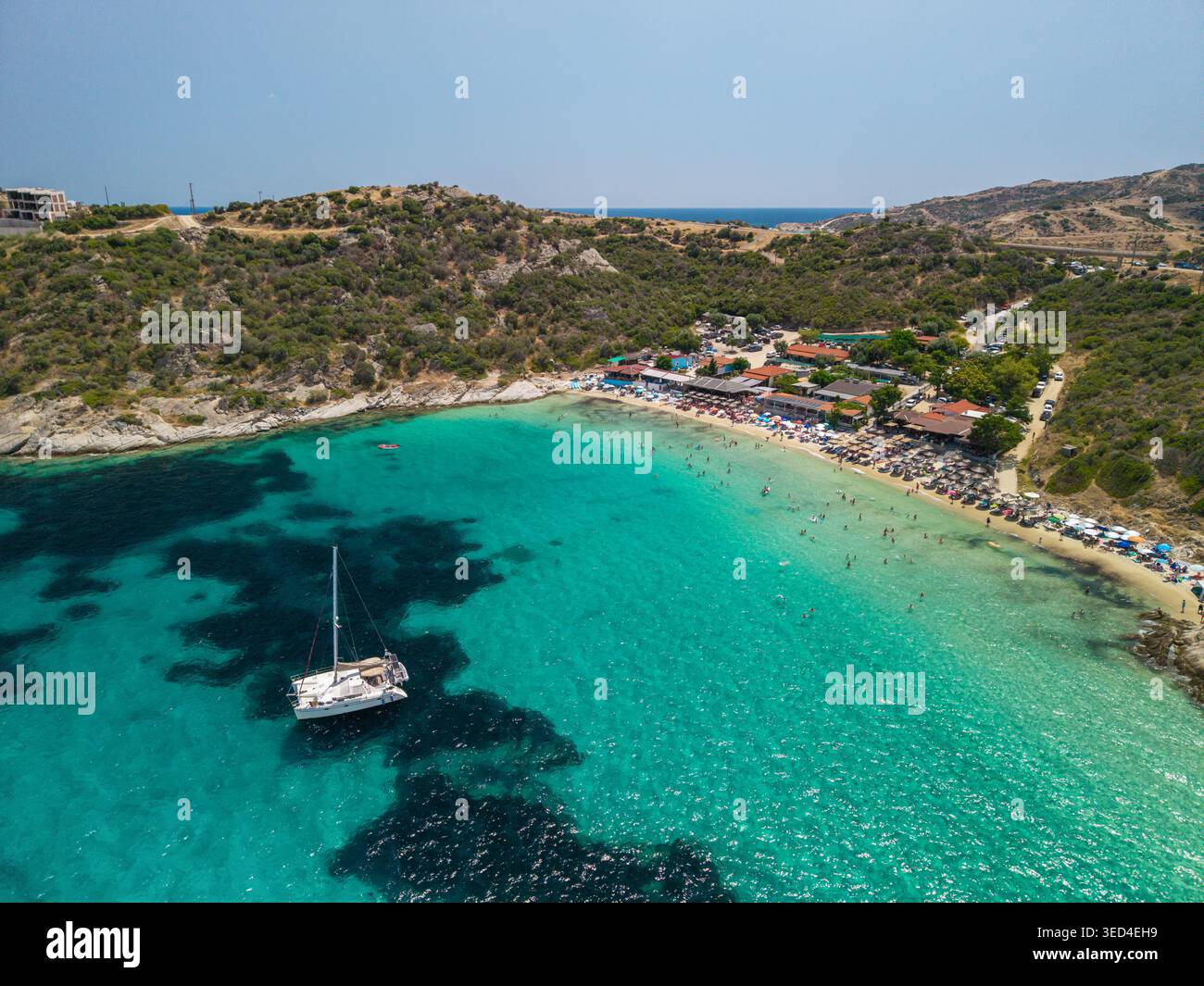 Aerial View of Klimataria Beach with Turquoise Water, Sithonia, Greece Stock Photo