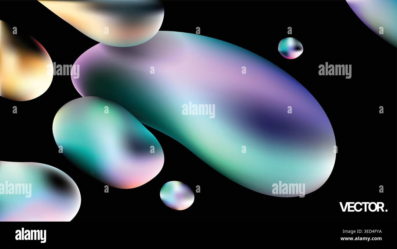 Iridescent Fluid Blobs on Black Background Colorful Gradient Liquid Bubbles Vector Artwork Stock Vector