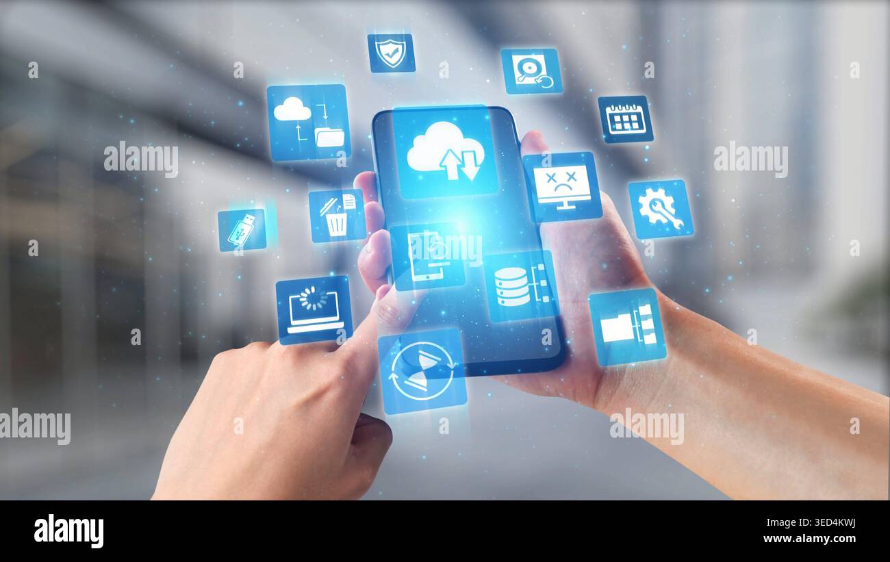 Cloud backup system connects devices through a secure data backup network. Data backup ensures protection, data backup reliability, and recovery. Gist Stock Photo