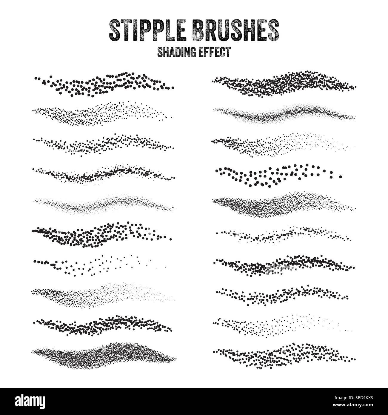 Ink scatter brush, stipple drawing and texturing. Fading gradient. Stippling, dotwork drawing, shading using dots. Halftone disintegration effect Stock Vector