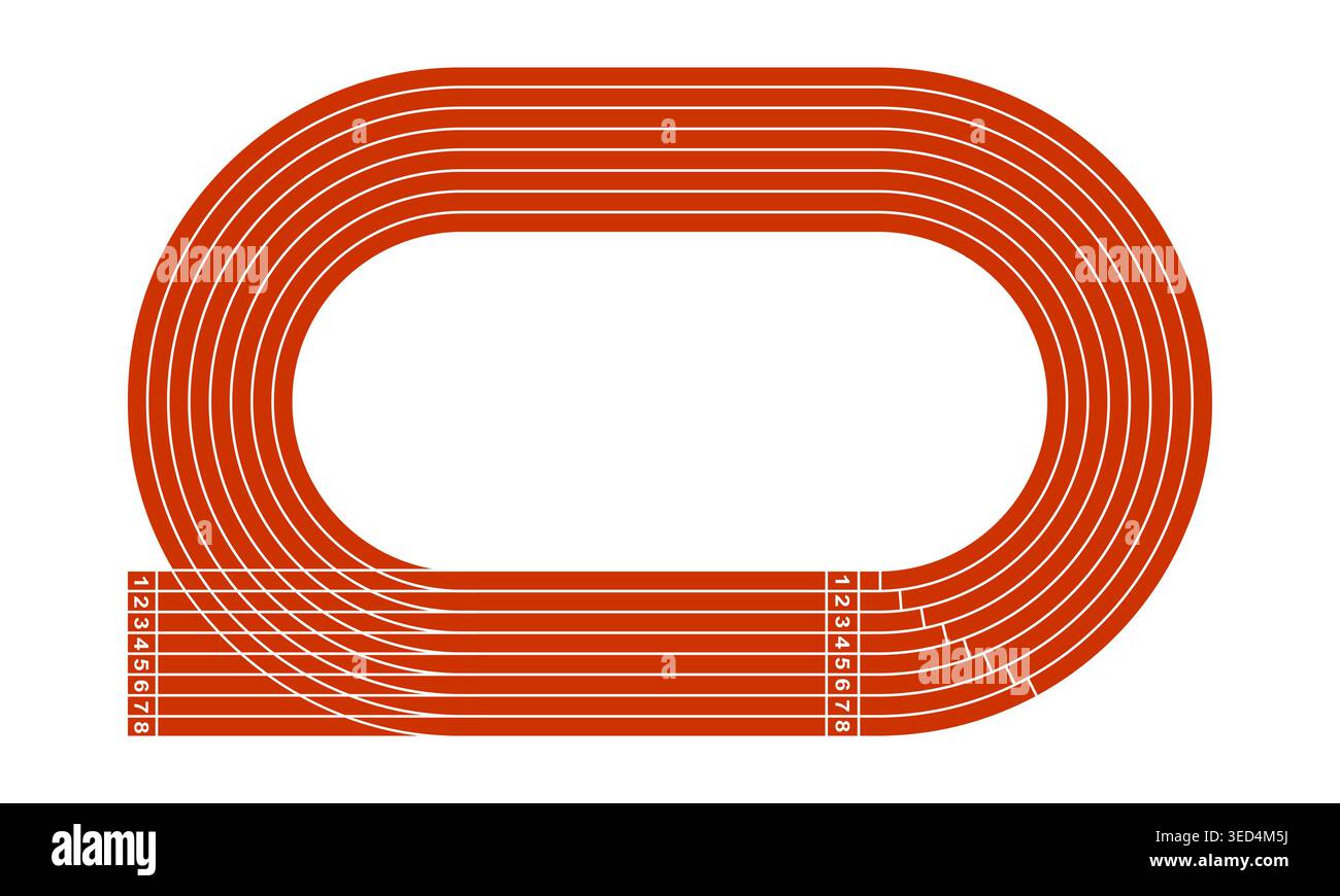 Sports stadium with red running tracks with numbers in top view. Simple racetrack template for sprint, marathon or other athletic competition isolated on white background. Vector flat illustration. Stock Vector