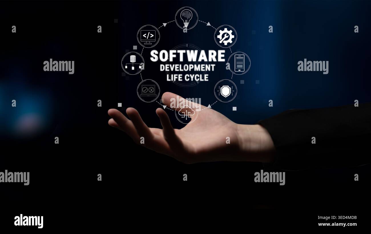 Software Development Life Cycle Concept with Hand Gesture and Iconography Representing Different Stages of Software Development Process Quark. Stock Photo