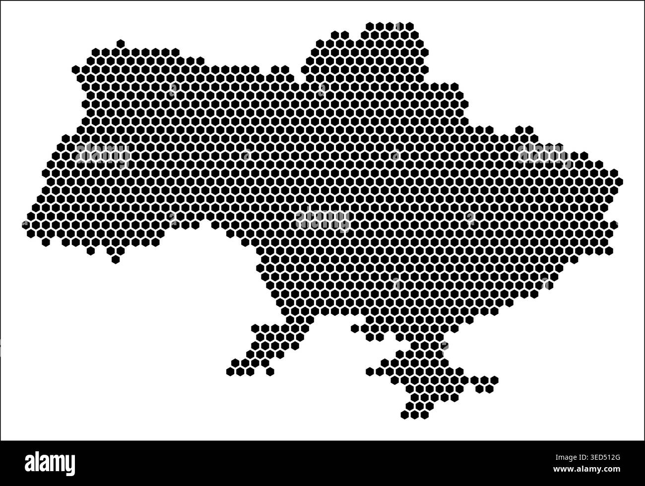 Ukraine hexagon map. Plain black and white dotted shape template. Country tiny hexagon cells. Ukraine flat honeycomb template. Vector illustration. Stock Vector