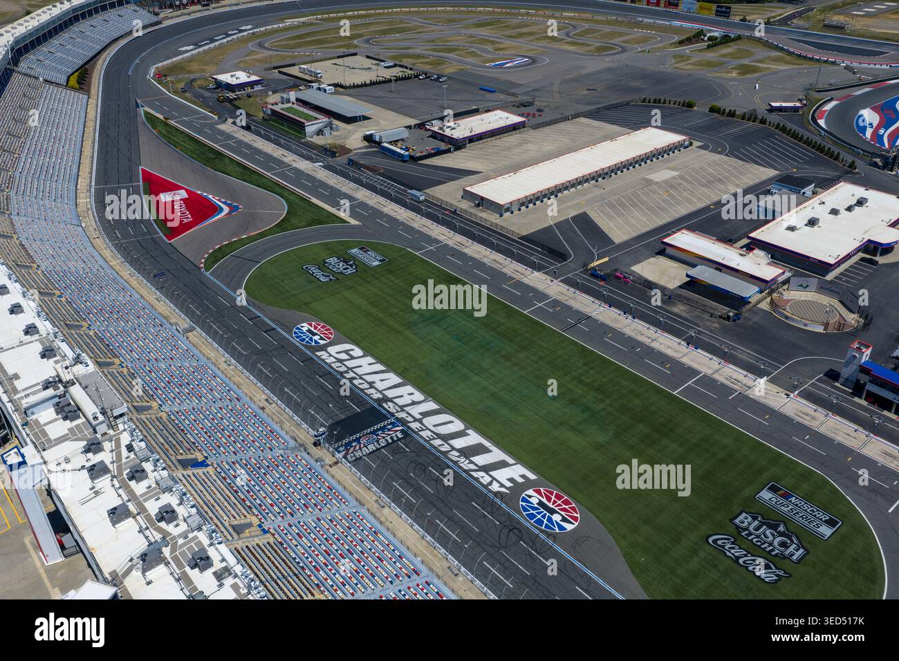 An aerial view of Charlotte Motor Speedway reveals its 1.5-mile quad ...