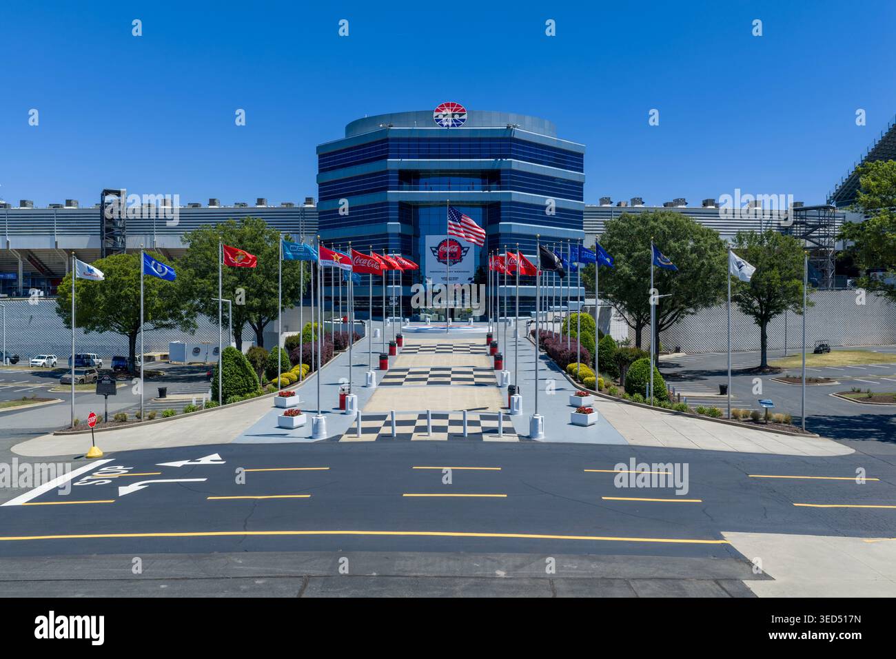 An aerial view of Charlotte Motor Speedway reveals its 1.5-mile quad ...
