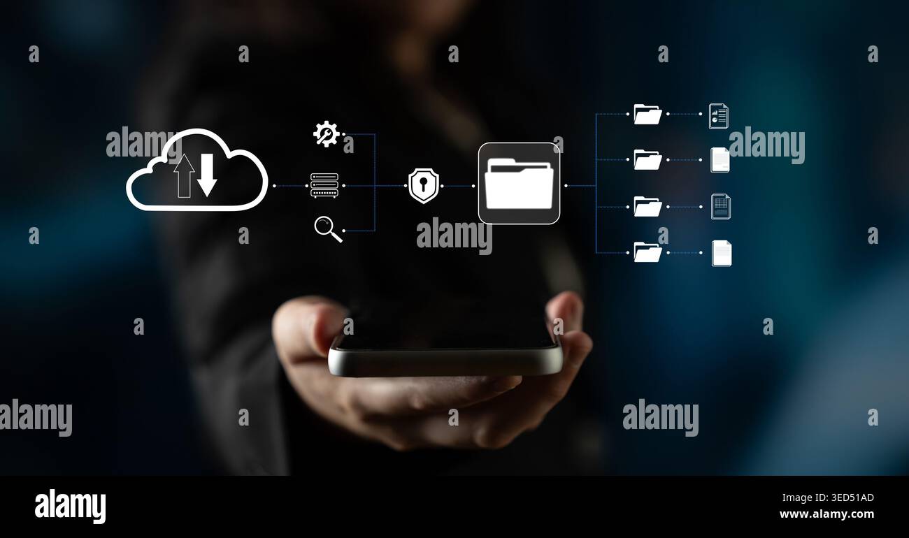Hand Holding Smartphone with Cloud Computing Iconography, Data Security, File Management, and Technology Concept in Background Quark. Stock Photo