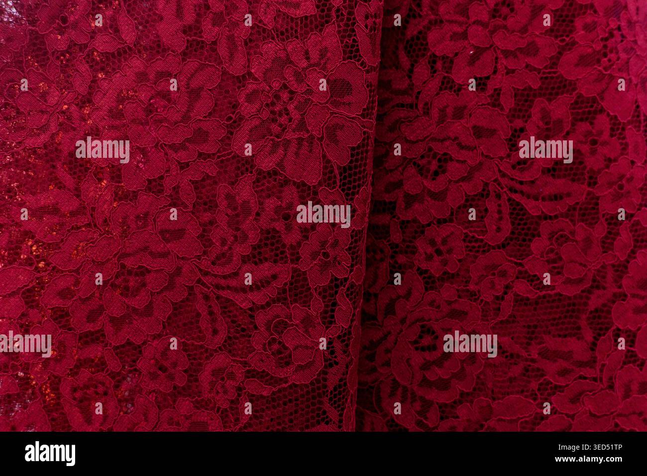 Elegant Close-up Red Lace Fabric Floral Pattern Detailed Texture Stock Photo