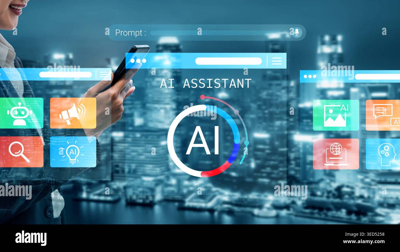 Innovative Digital Interface with AI Assistant Concept Over Cityscape Background, Featuring User Interacting with Modern Technology and Smart Stock Photo