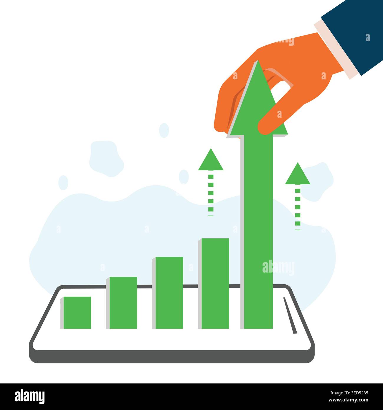 Flat illustration of a hand boosting a bar chart upward, symbolizing ...