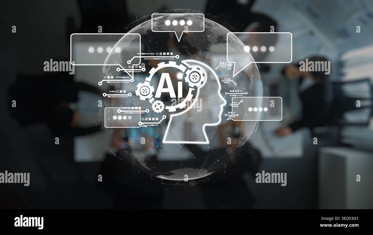 Artistic illustration depicting artificial intelligence in a collaborative business setting, highlighting communication and innovative solutions among Stock Photo