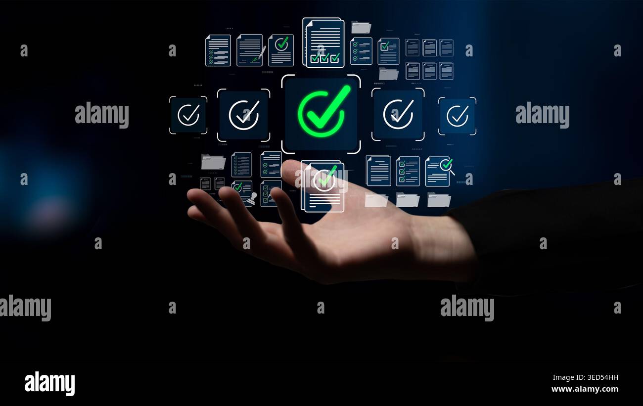 Futuristic Hand Reaching for Digital Checkmark Symbols Representing ...