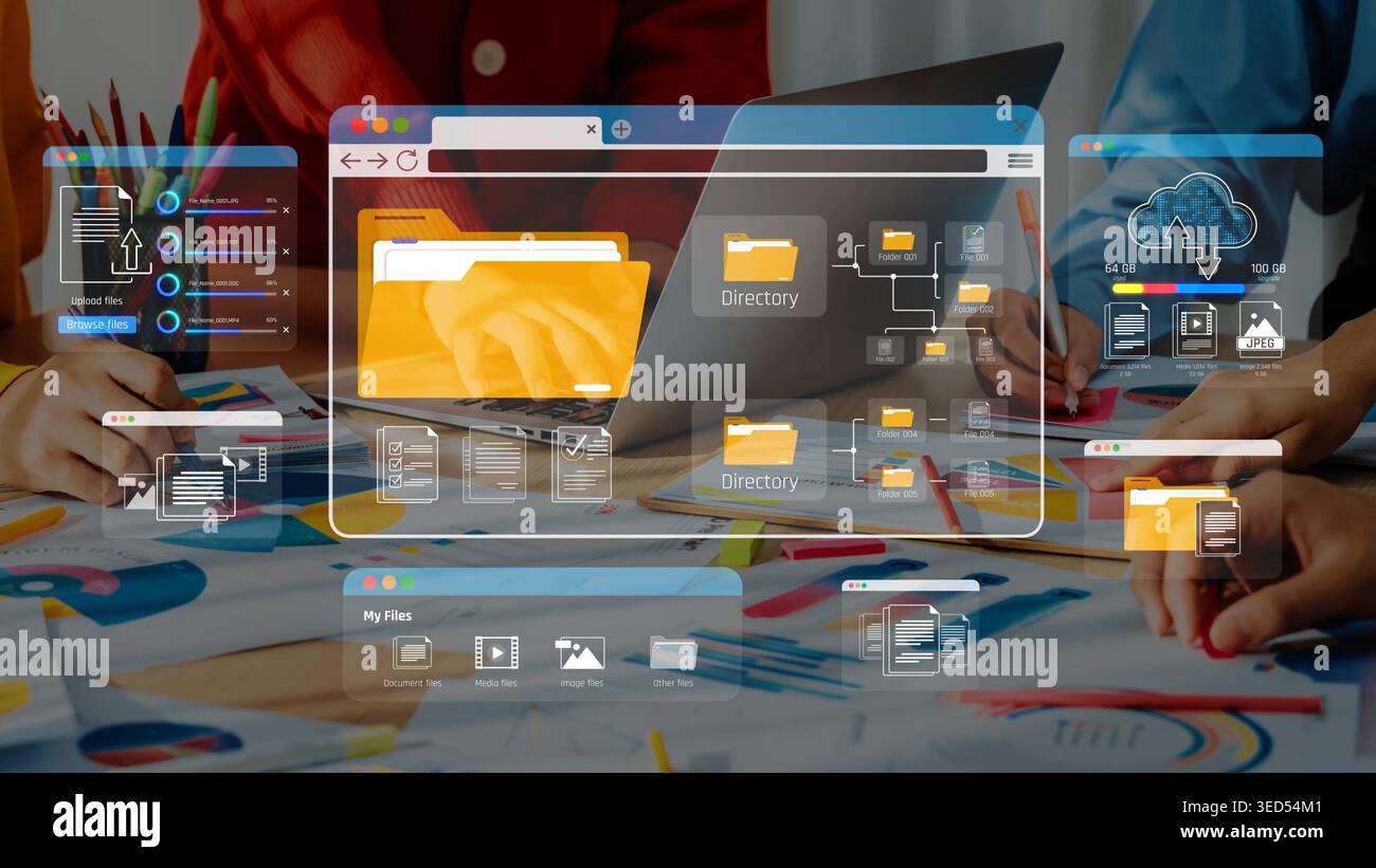 Technology Folder System Hands on Laptop with Digital File System Interface in Modern Workspace ...