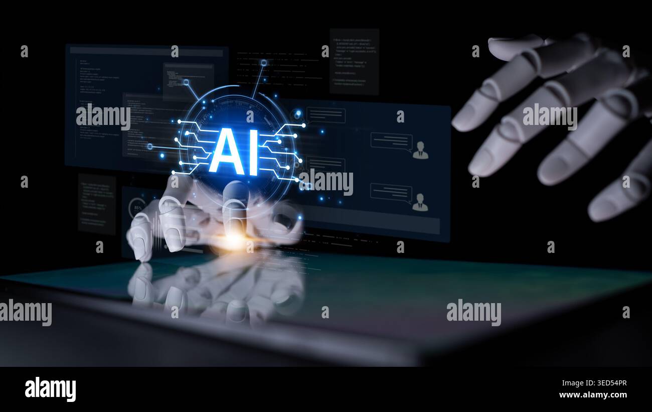 Futuristic software development concept featuring AI pair programmer, automated AI code generation, and real-time AI debugging. Ideal for DevOps and Stock Photo