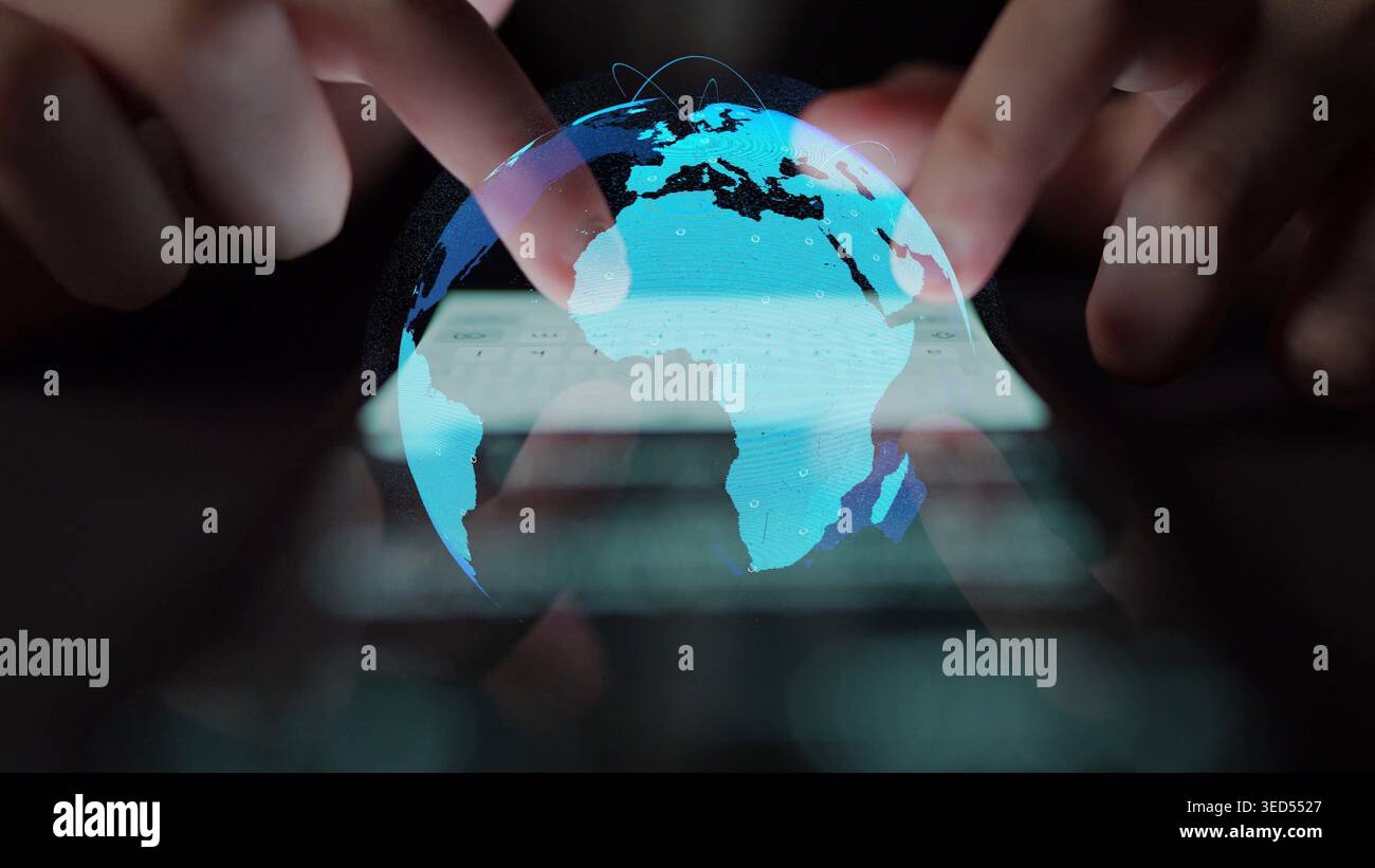 Global network connection visualization showing data exchange, digital link, worldwide communication. Global data flow and digital network Stock Photo