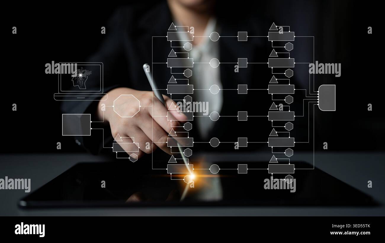 Business Professional Using Digital Tablet for Workflow Visualization and Data Analysis in Modern Office Environment with Flowchart Graphics Quark. Stock Photo