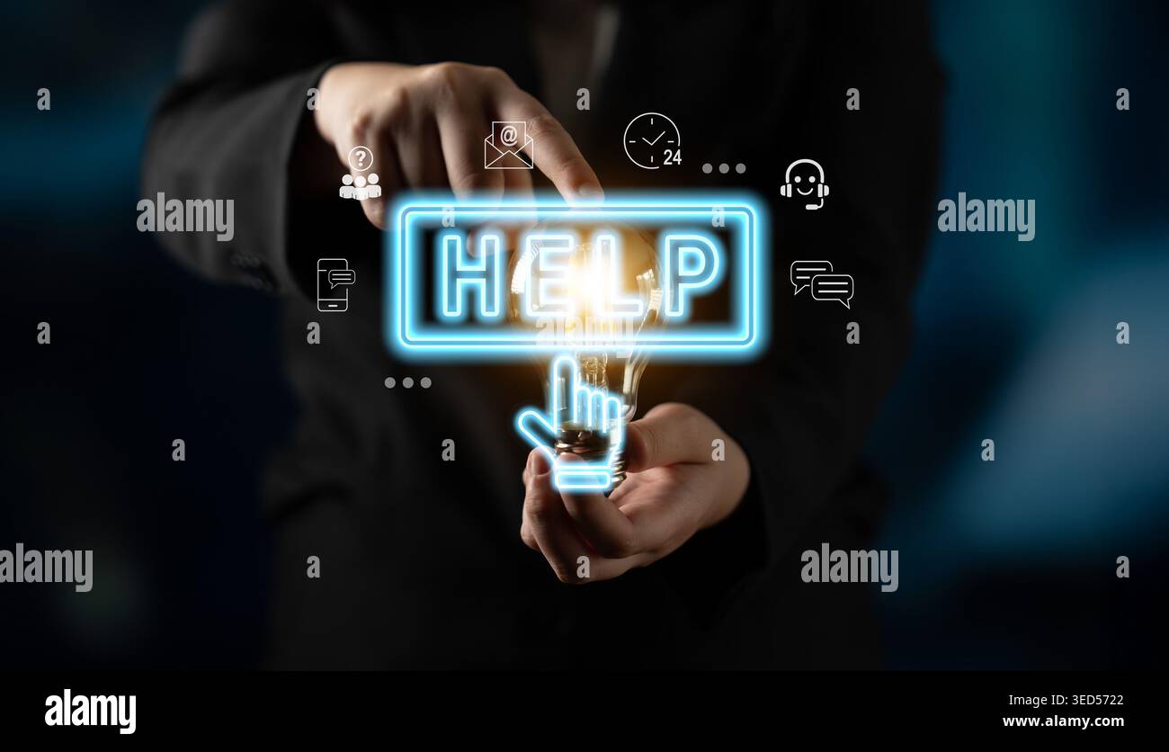 Digital customer support system provides quick assistance, real-time chat, and communication solutions, improving service efficiency, response time Stock Photo