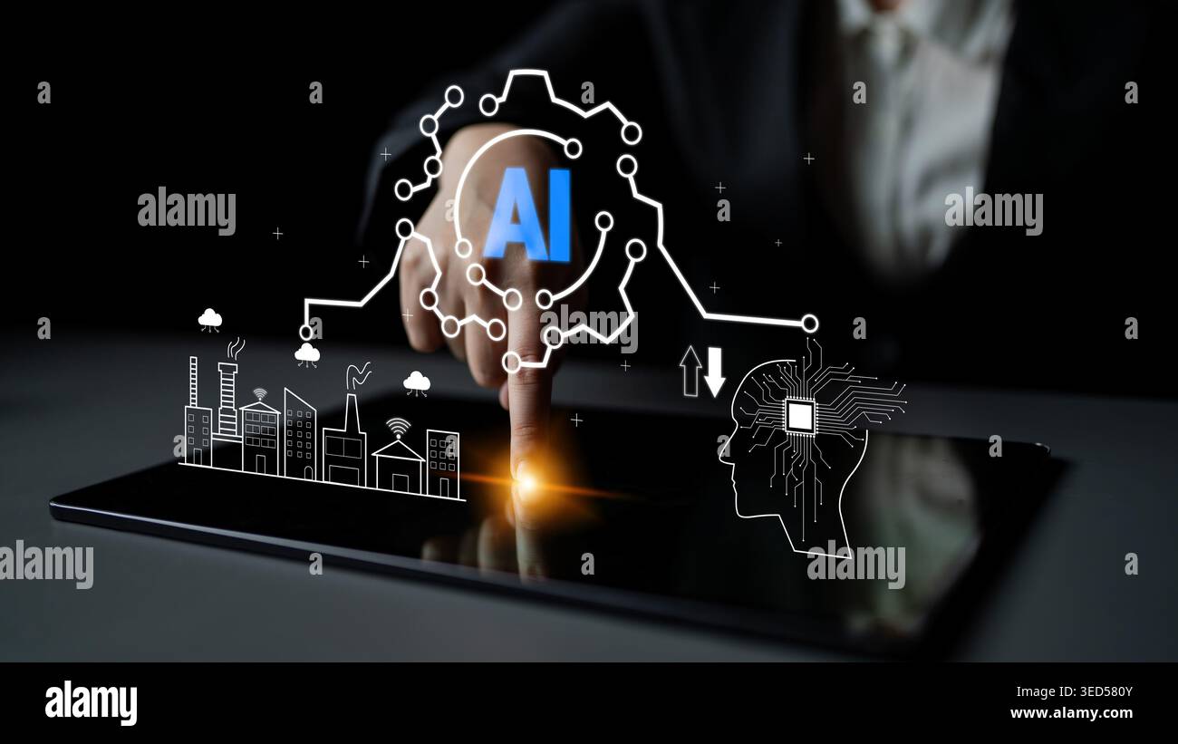 Human Hand Touching Tablet Screen with AI Integration and Digital Data Representations in a Technological Environment Quark. Stock Photo