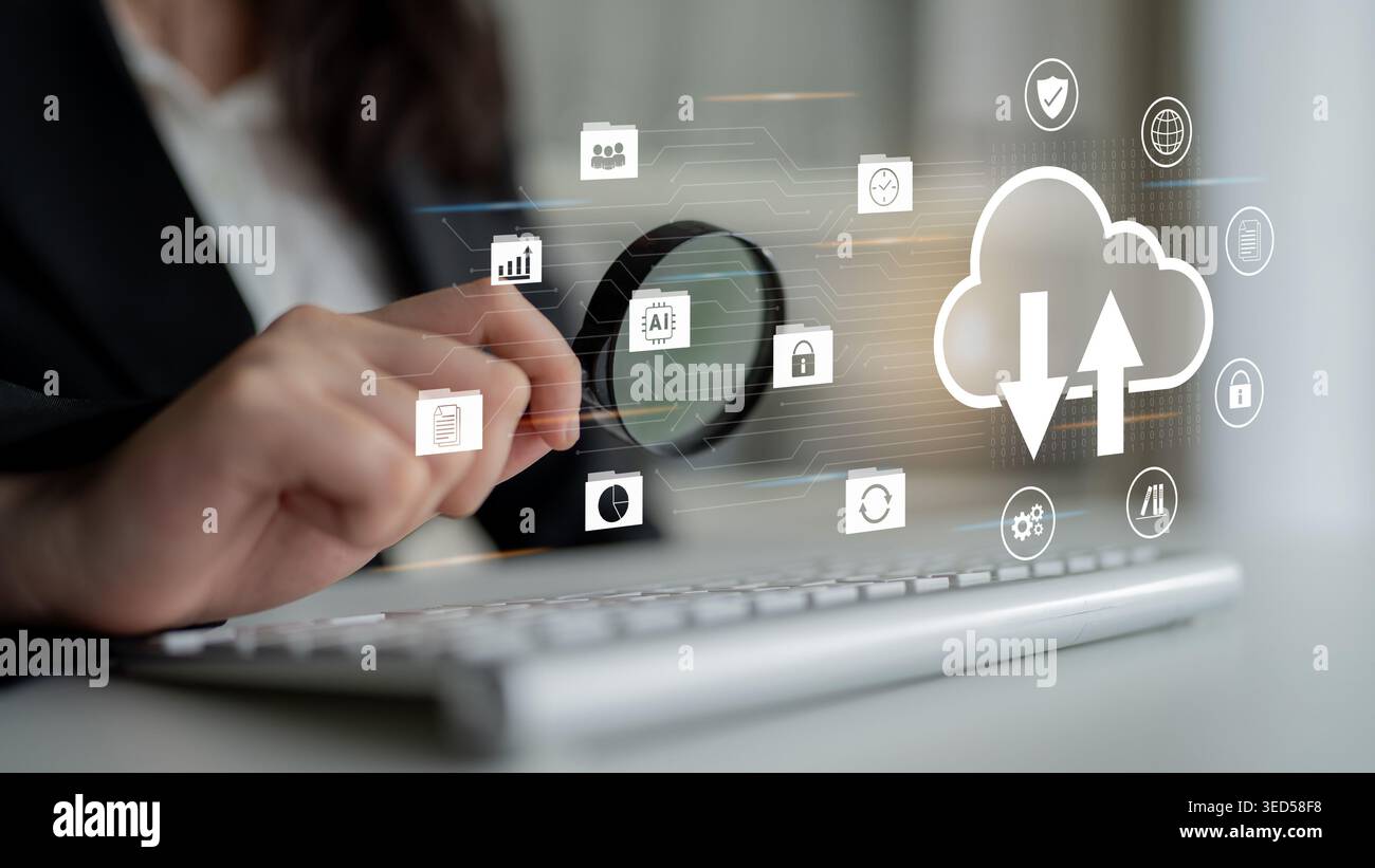 Cloud data storage enhances secure backup, improves connectivity, and supports digital file management Parse Stock Photo