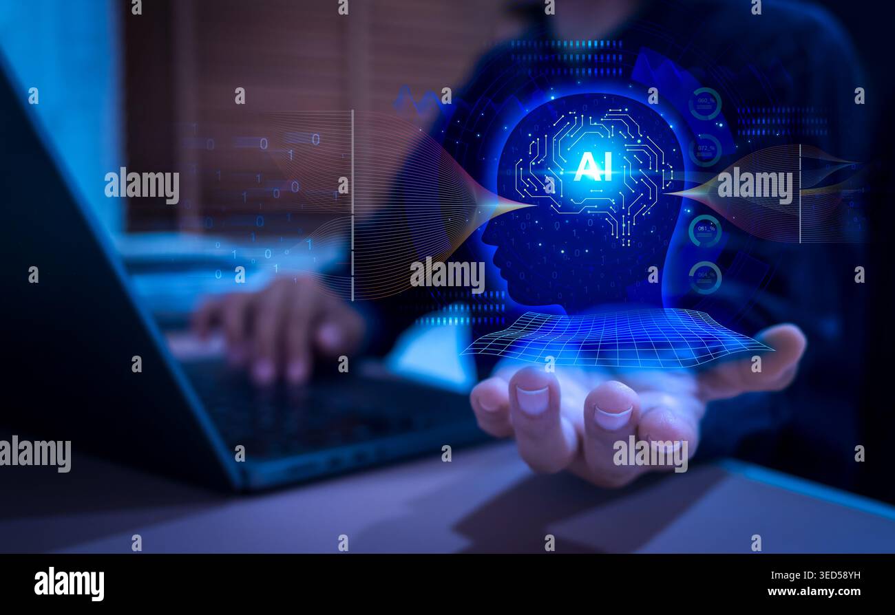AI assistant interface with human hand using laptop, digital brain hologram and data flow. Artificial intelligence coding, automation, software develo Stock Photo