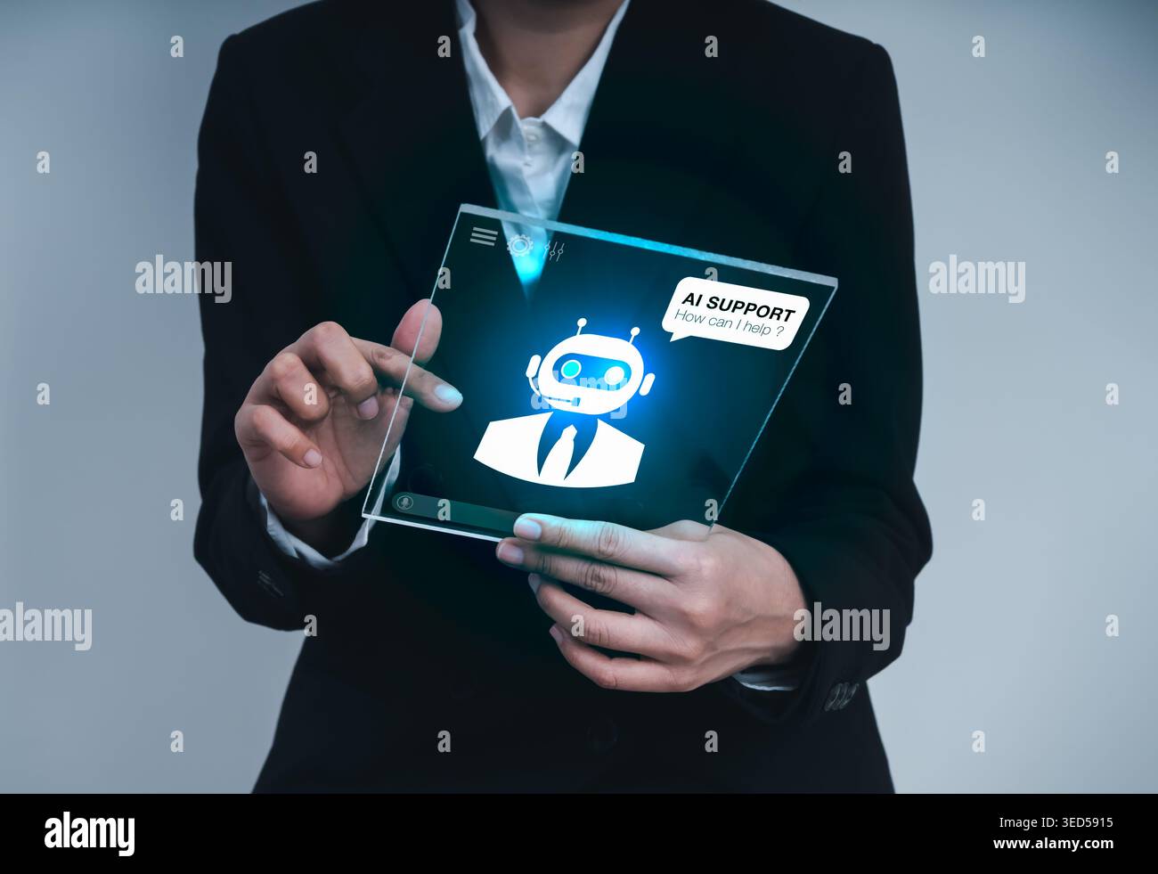 Businessman using AI chatbot interface on virtual screen. Customer support automation, help desk service, digital assistant, artificial intelligence c Stock Photo