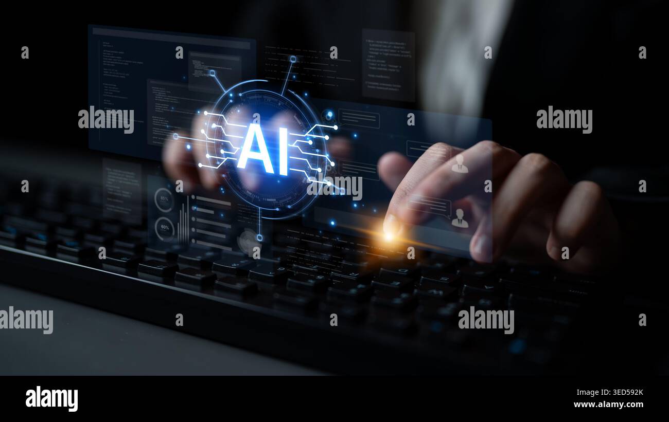 Futuristic software development concept featuring AI pair programmer, automated AI code generation, and real-time AI debugging. Ideal for DevOps and Stock Photo
