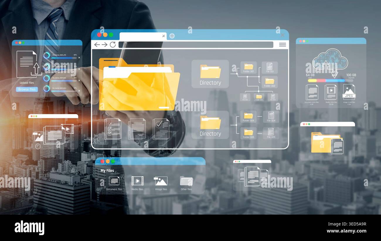 Techonoly File Business Professional Managing Digital Files and Folders in Modern ...