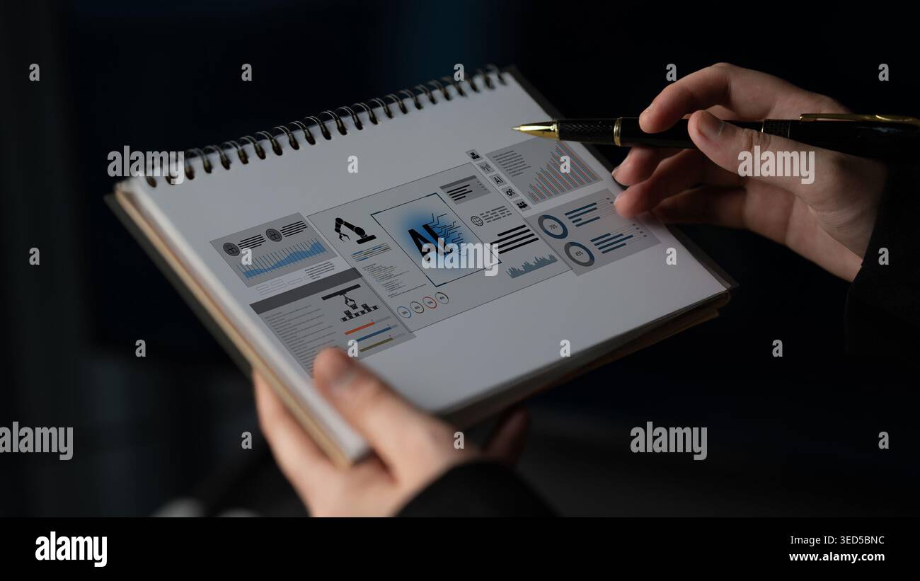 Artificial intelligence improves industrial automation, optimizing data analytics, precision robotics, and smart factory operations to enhance Stock Photo
