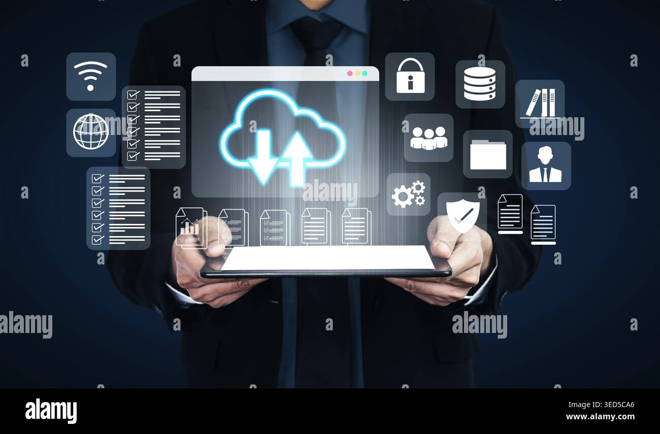Cloud upload and download icon with surrounding data management, security, and analytics icons in digital interface Parse Stock Photo